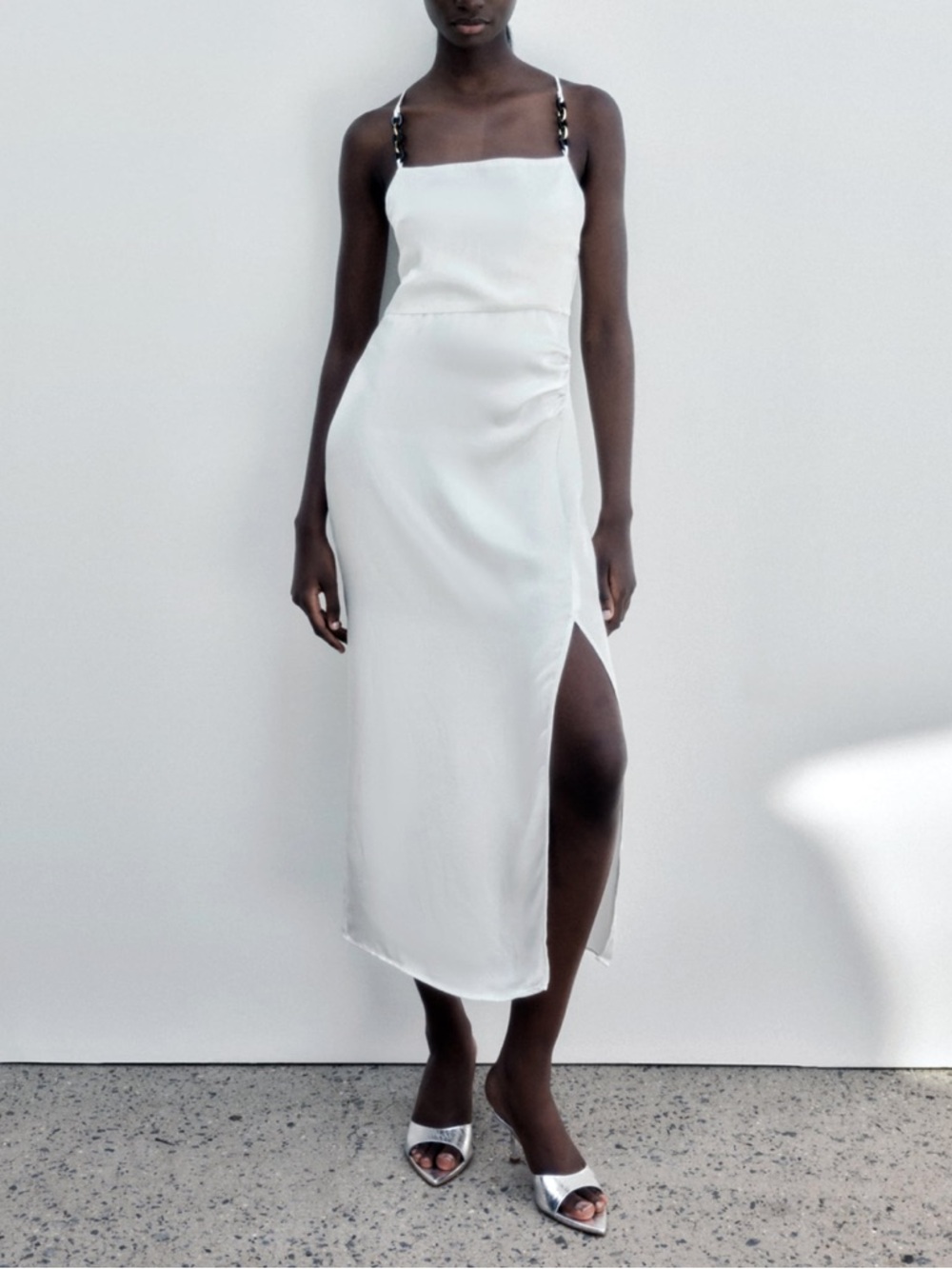 ZARA White Satin Slip Dress Chain Strap Midi Bridal Minimalist Size XS
